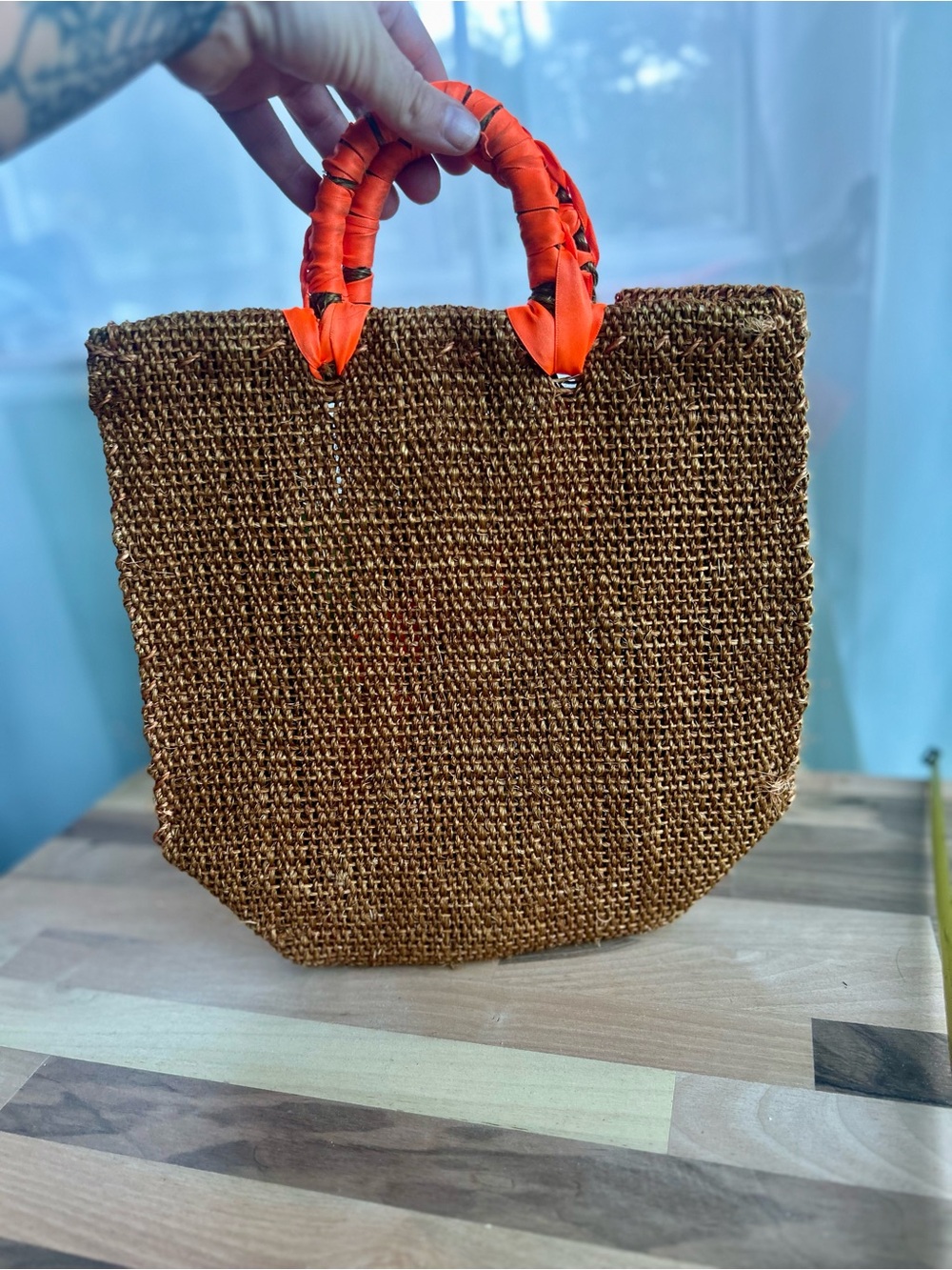 Vintage 1960s 1970s Woven Straw Flower Purse Handcrafted Ribbon Jute Tote Bag
